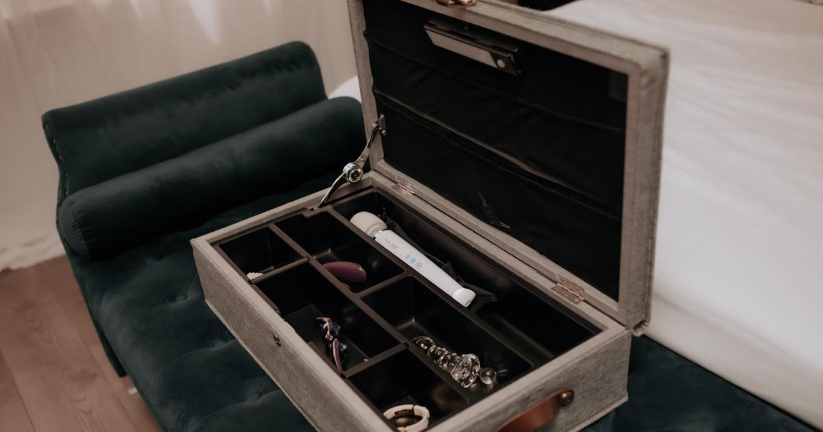 The KinkBox under-bed box open showing organized sex toys.